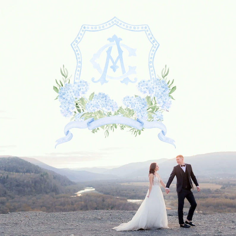 Blue Hydrangea Flower Wedding Crest - Monogram Crest