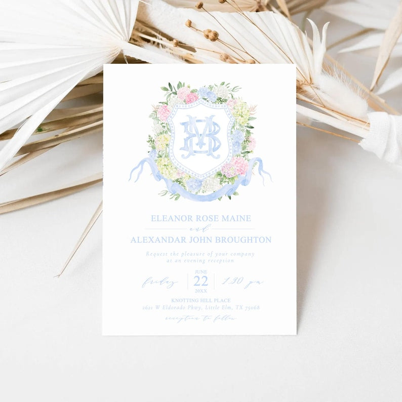 Blue White Pink Hydrangea Flower Wedding Crest