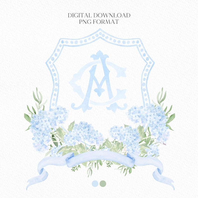 Blue Hydrangea Flower Wedding Crest - Monogram Crest