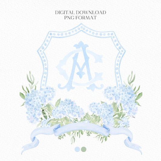 Blue Hydrangea Flower Wedding Crest - Monogram Crest