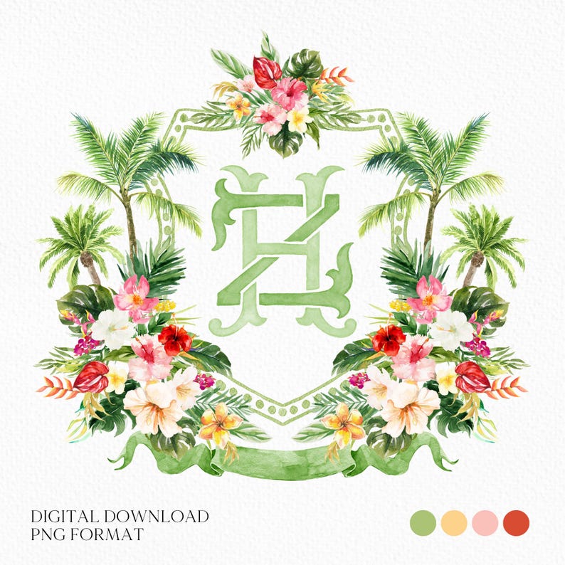 Tropical Palm Watercolor Flowers Wedding Crest - Monogram Crest - Watercolor Palm Springs Wedding Crest - Romantic Wedding