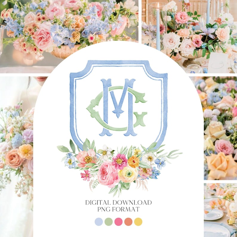 Wildflowers Bright Floral Colorful Watercolor Wedding Crest