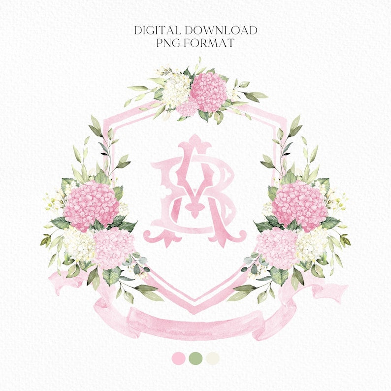 Pink Hydrangea Flower Wedding Crest - Monogram Crest