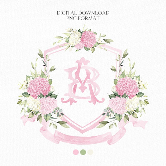 Pink Hydrangea Flower Wedding Crest - Monogram Crest