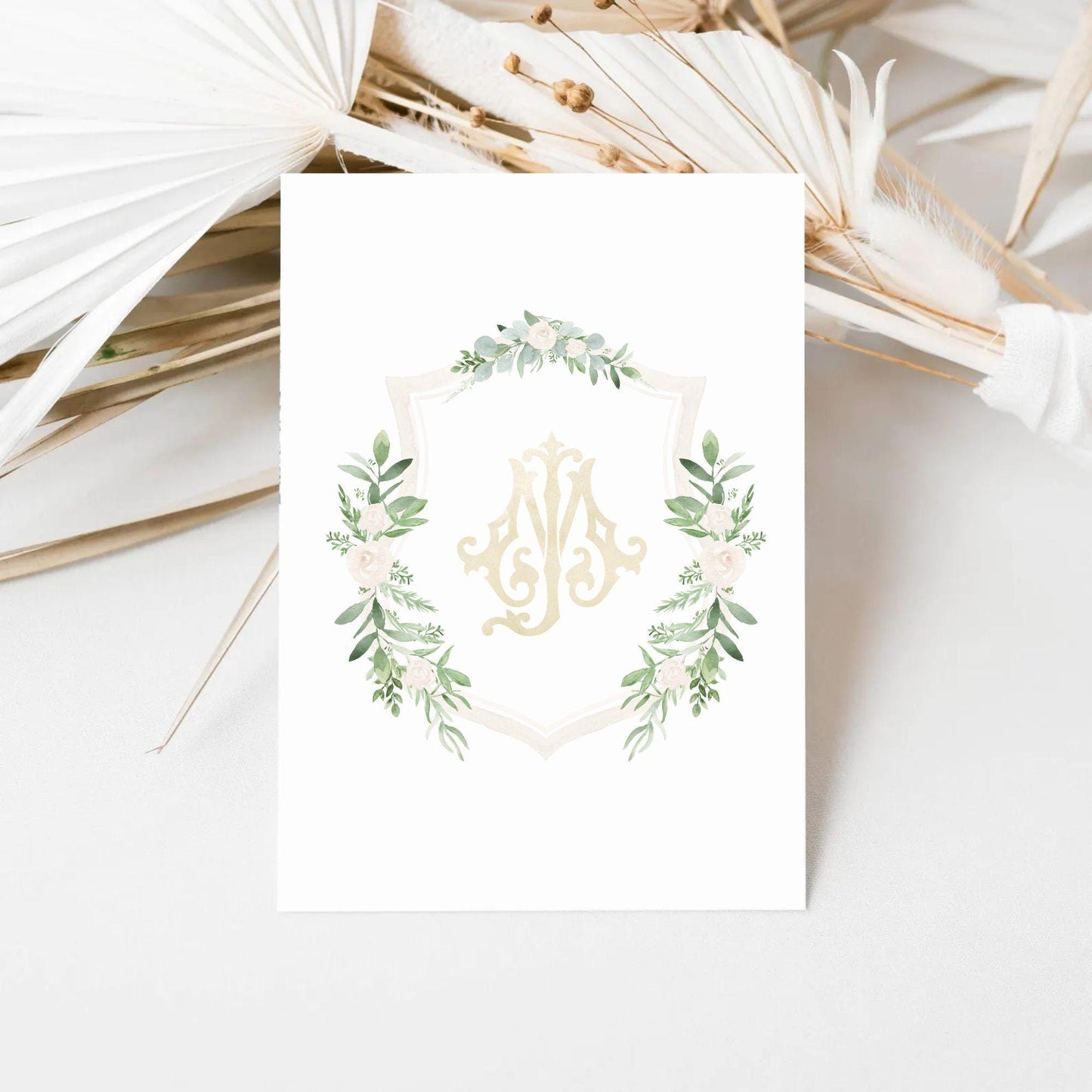 Greenery and White Floral Wedding Crest - Monogram Crest - White Floral Luxury Watercolor Wedding Crest - Romantic Wedding Crest