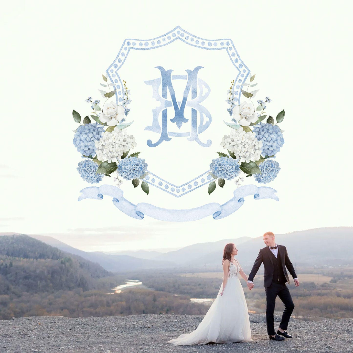 Blue White Hydrangea Flower Wedding Crest - Monogram Crest - Hydrangea Floral Luxury Watercolor Wedding Crest - Romantic Wedding Crest