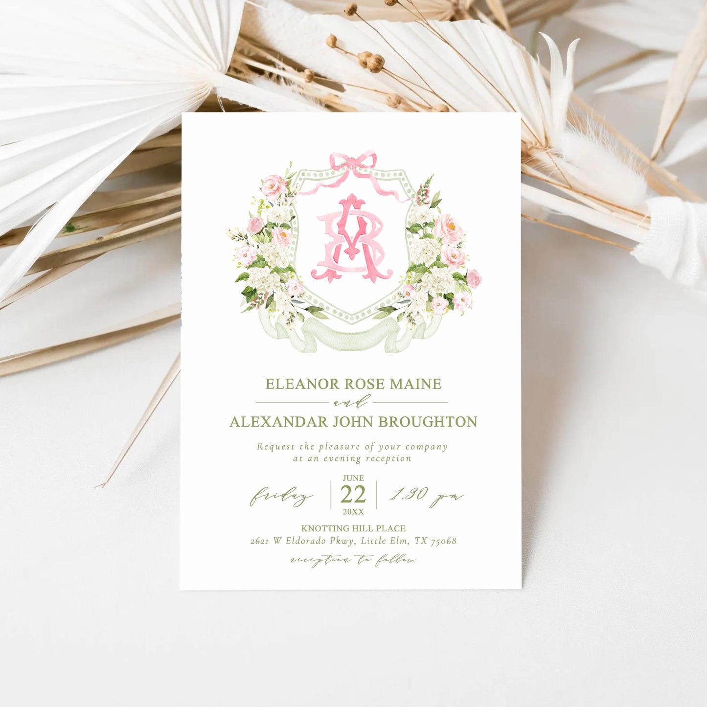 White Hydrangea Blush Pink Rose Flower Wedding Crest - Monogram Crest - Hydrangea Floral Luxury Watercolor Wedding Crest