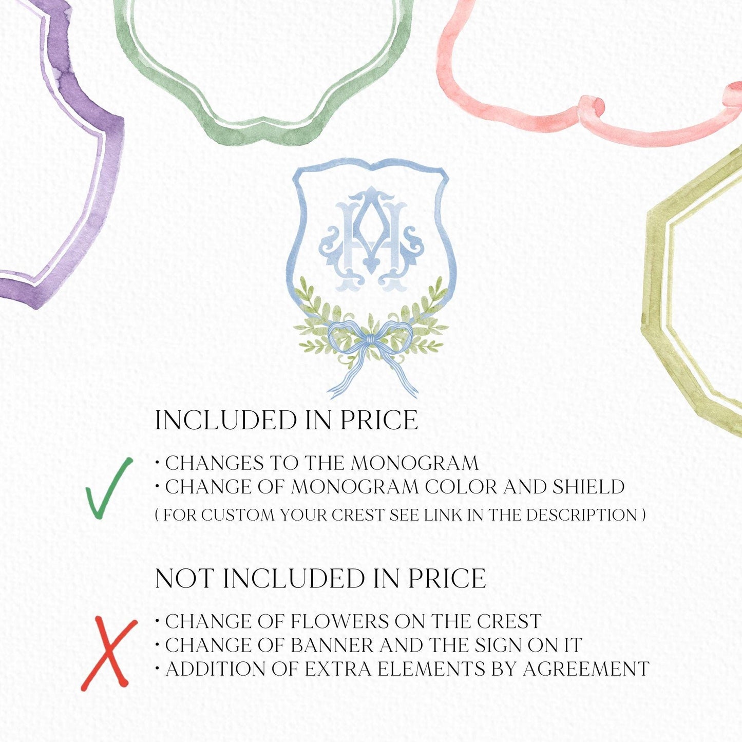 Watercolor Classic Eucalyptus Ribbon Flower Wedding Crest - Monogram Crest -  Luxury Watercolor Wedding Crest - Romantic Wedding Crest