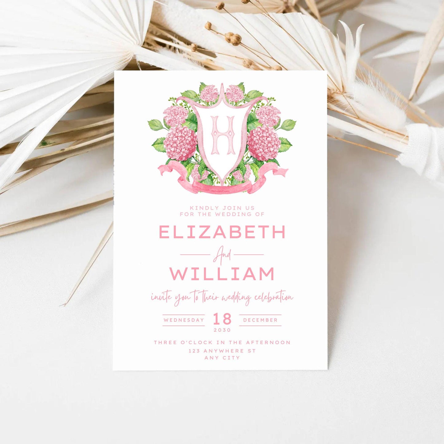 Pink Hydrangea Flower Wedding Crest - Monogram Crest - Hydrangea Floral Luxury Watercolor Wedding Crest - Romantic Wedding Crest
