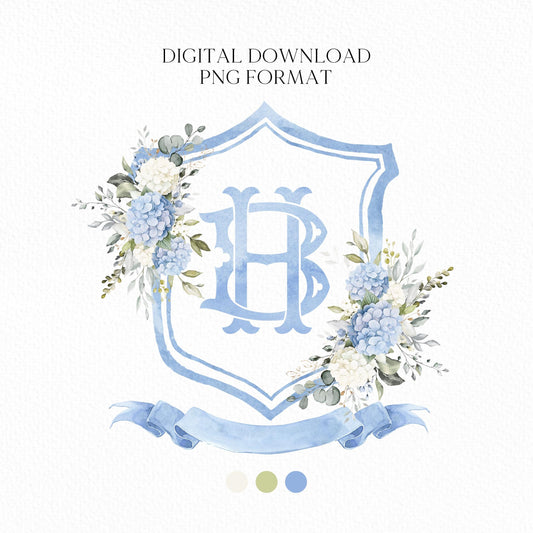 Hydrangea Flower Wedding Crest - Monogram Crest - Hydrangea Floral Luxury Watercolor Wedding Crest - Romantic Wedding Crest- Boho Hydrangea