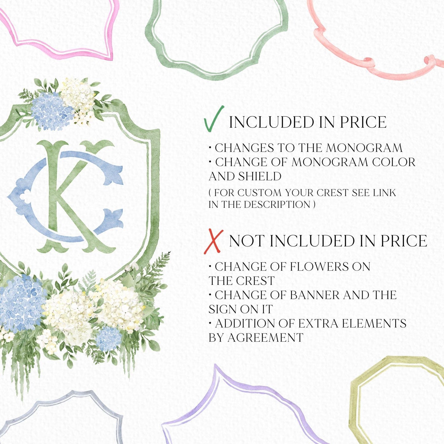 Blue Hydrangea Flower Wedding Crest - Monogram Crest - Hydrangea White Floral Luxury Watercolor Wedding Crest - Romantic Wedding Crest