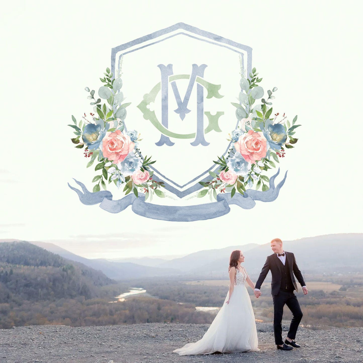 Pink & Blue Flower Wedding Crest - Monogram Crest - Roses Floral Luxury Watercolor Wedding Crest - Romantic Wedding Crest