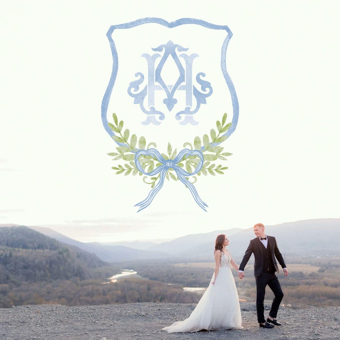 Watercolor Classic Eucalyptus Ribbon Flower Wedding Crest - Monogram Crest -  Luxury Watercolor Wedding Crest - Romantic Wedding Crest