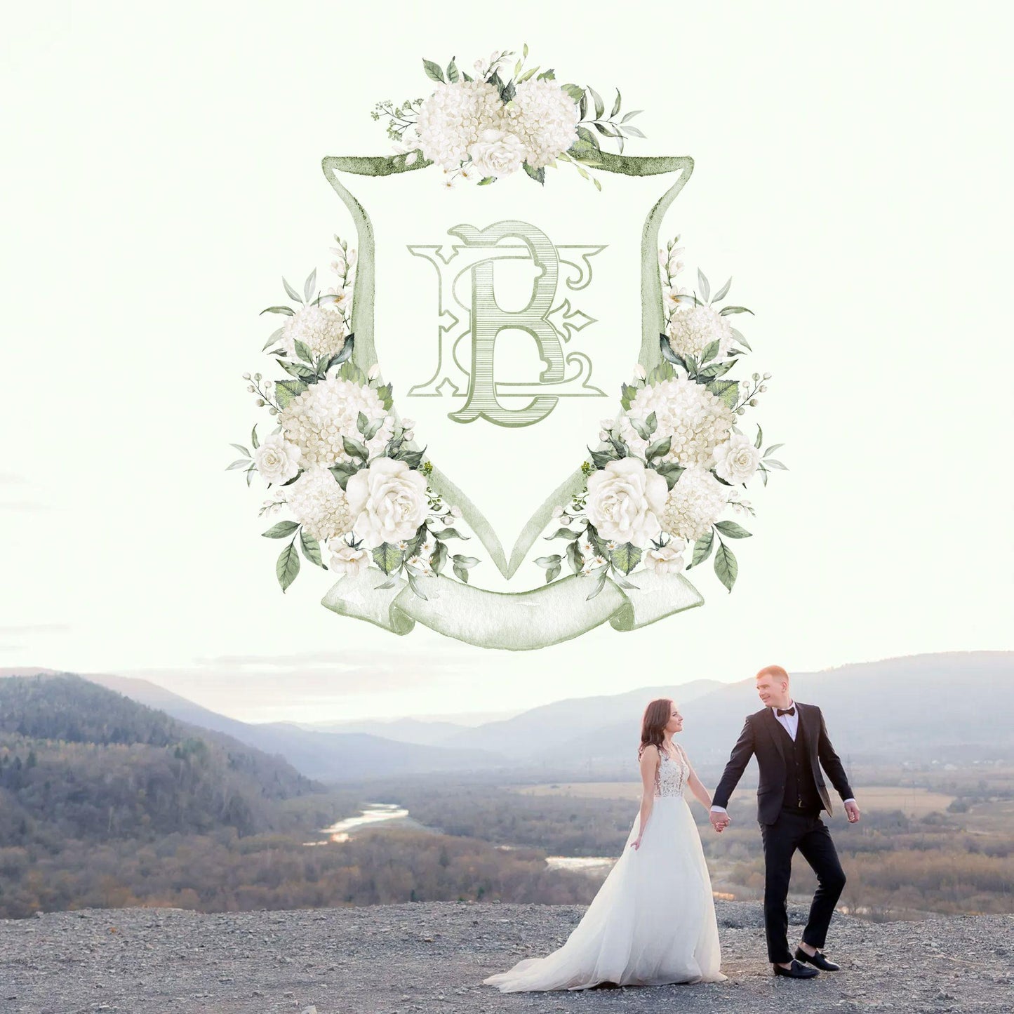 Hydrangea White Rose Greenery Flower Wedding Crest - Monogram Crest - Hydrangea White Floral Watercolor Wedding Crest Romantic Wedding Crest