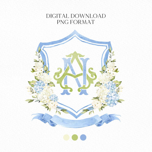 Hydrangea Flower Wedding Crest - Monogram Crest - Hydrangea Floral Luxury Watercolor Wedding Crest - Romantic Wedding Crest- Boho Hydrangea