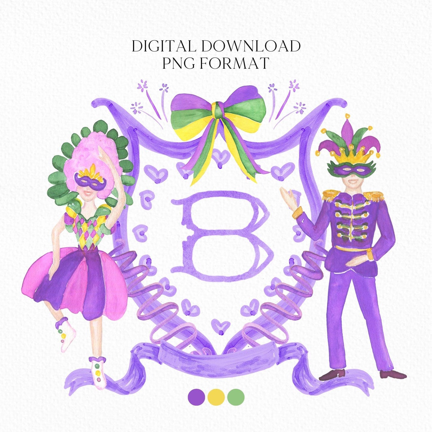 Mardi Gras New Orleans Crest Watercolor Wedding Crest - Monogram Crest - Mardi Gras Watercolor Wedding Crest Romantic Wedding Crest