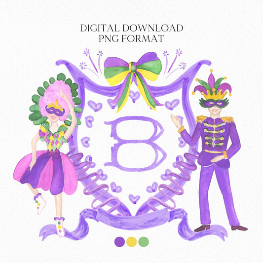 Mardi Gras New Orleans Crest Watercolor Wedding Crest - Monogram Crest - Mardi Gras Watercolor Wedding Crest Romantic Wedding Crest