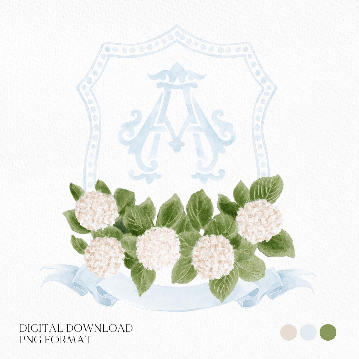 Hydrangea White Flower Wedding Crest - Monogram Crest - White Hydrangea Floral Luxury Watercolor Wedding Crest - Romantic Wedding Crest