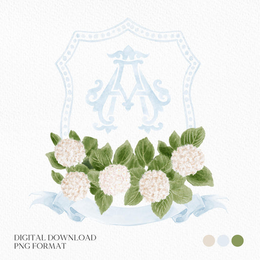 Hydrangea White Flower Wedding Crest - Monogram Crest - White Hydrangea Floral Luxury Watercolor Wedding Crest - Romantic Wedding Crest