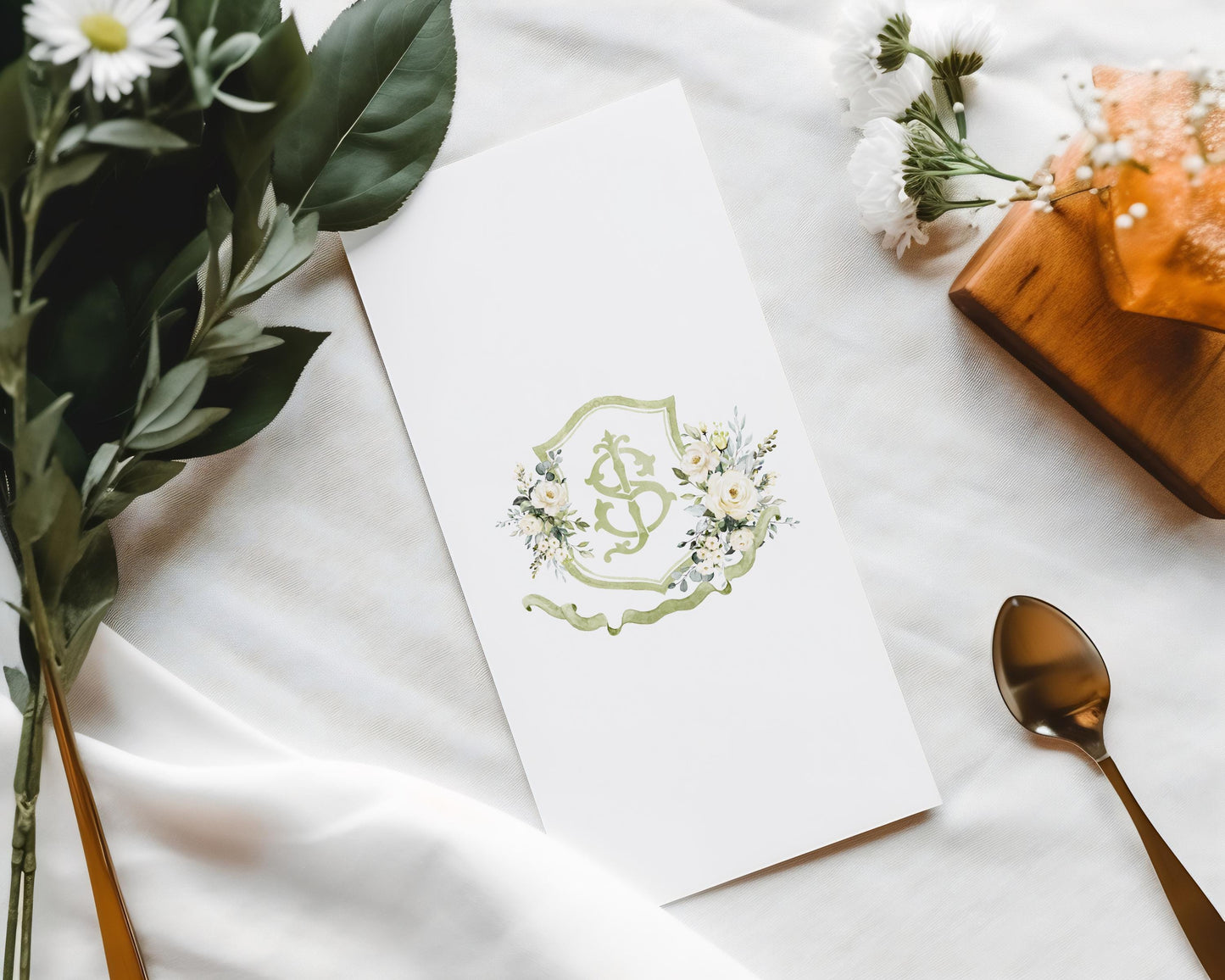 Creamy Rose Ivory Greenery Gold Flower Wedding Crest - Monogram Crest - Floral Luxury Watercolor Wedding Crest - Romantic Wedding Crest