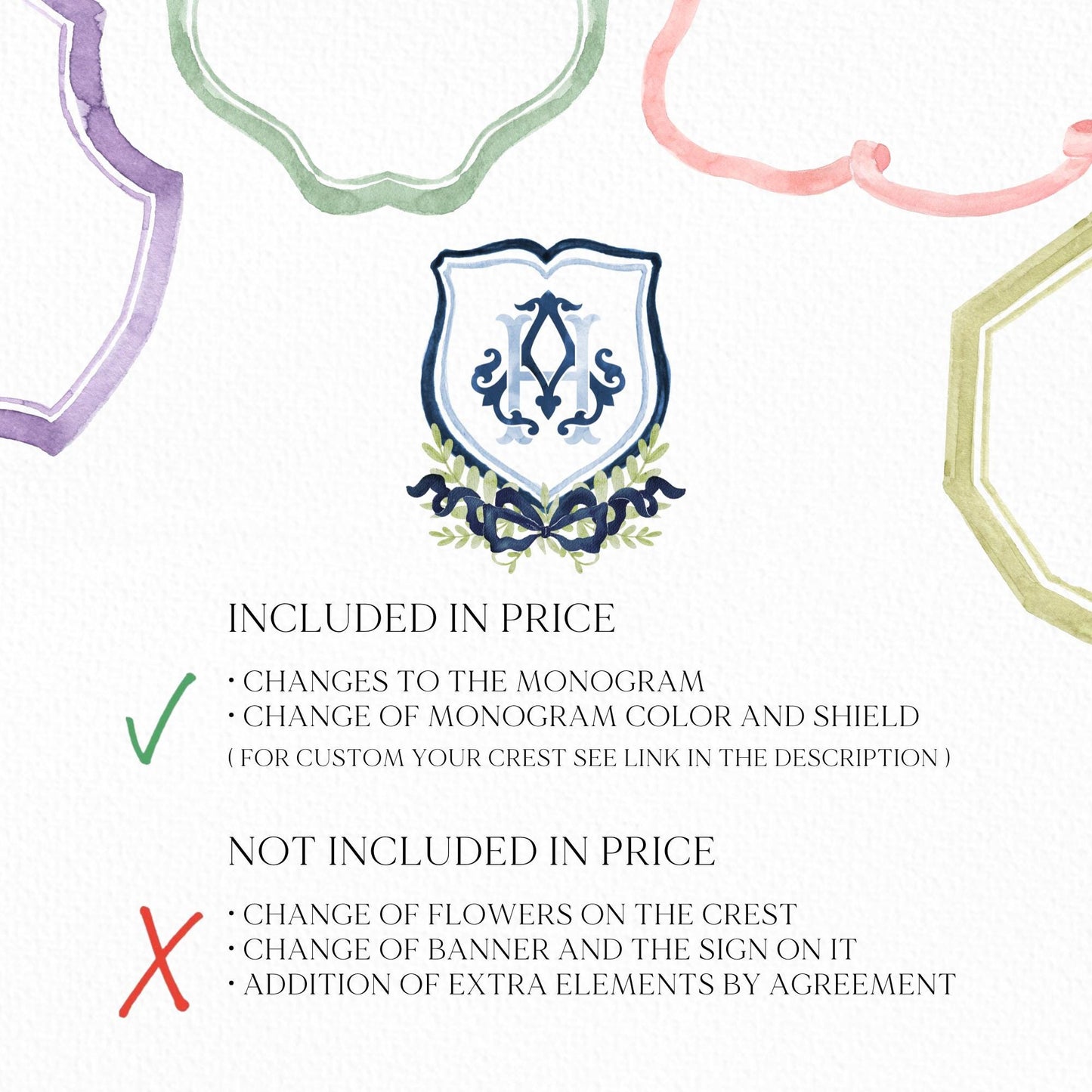 Dark Blue Watercolor Classic Eucalyptus Ribbon Flower Wedding Crest - Monogram Crest - Watercolor Wedding Crest - Romantic Wedding Crest