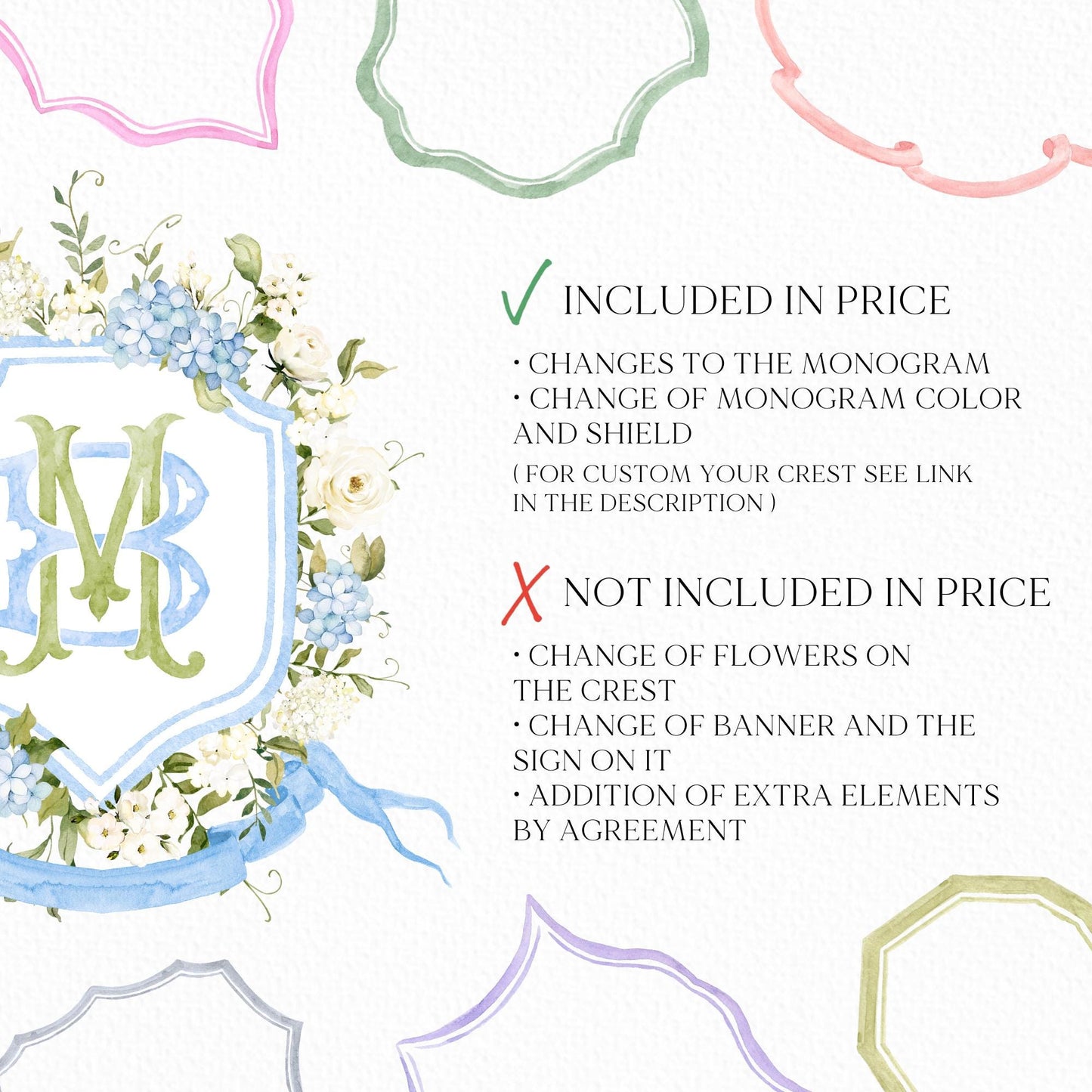 Light Blue Hydrangea Flower Wedding Crest - Monogram Crest - Hydrangea Floral Luxury Watercolor Wedding Crest - Romantic Wedding Crest