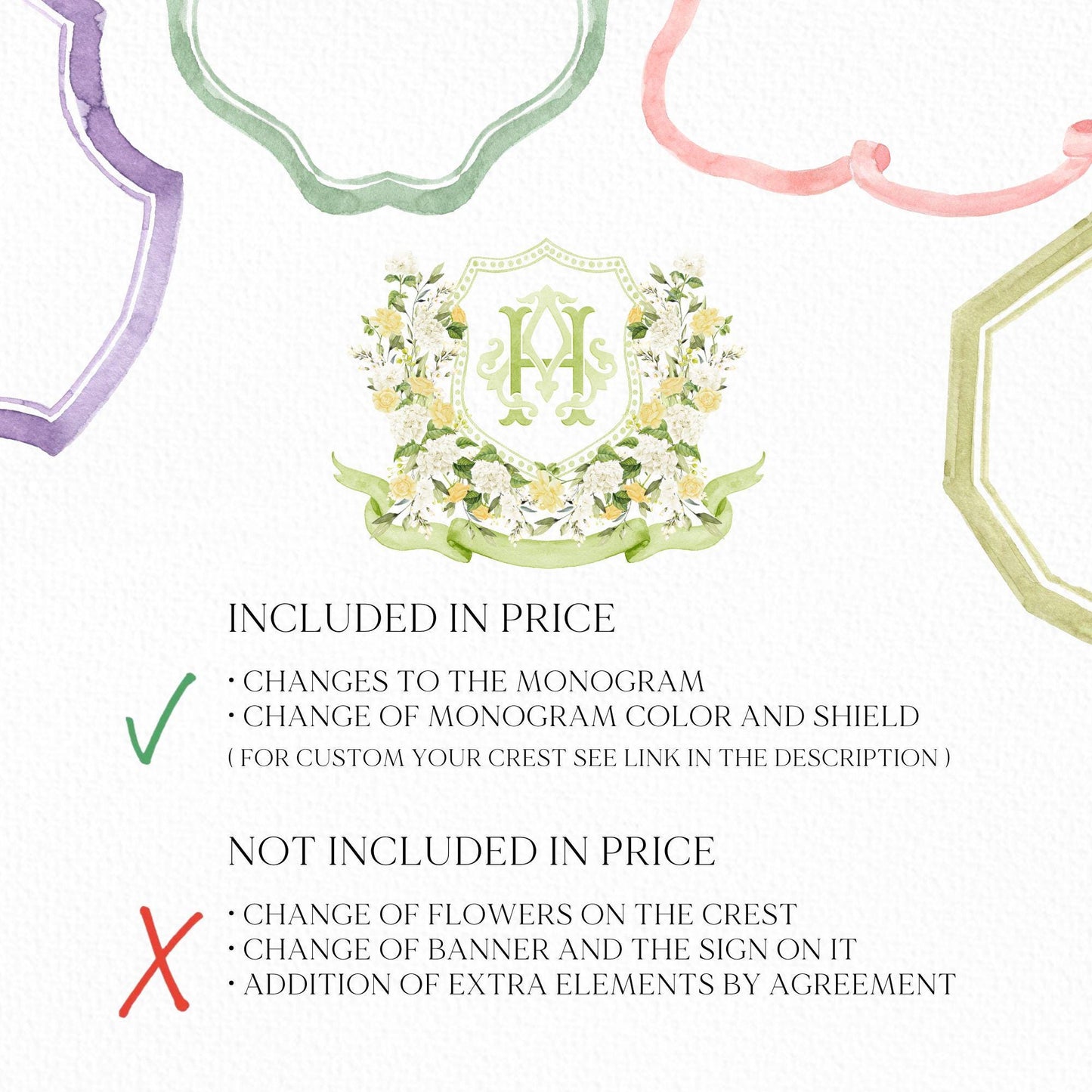 White Hydrangea Light Yellow Rose Flower Wedding Crest - Monogram Crest - Hydrangea Floral Luxury Watercolor Wedding Crest