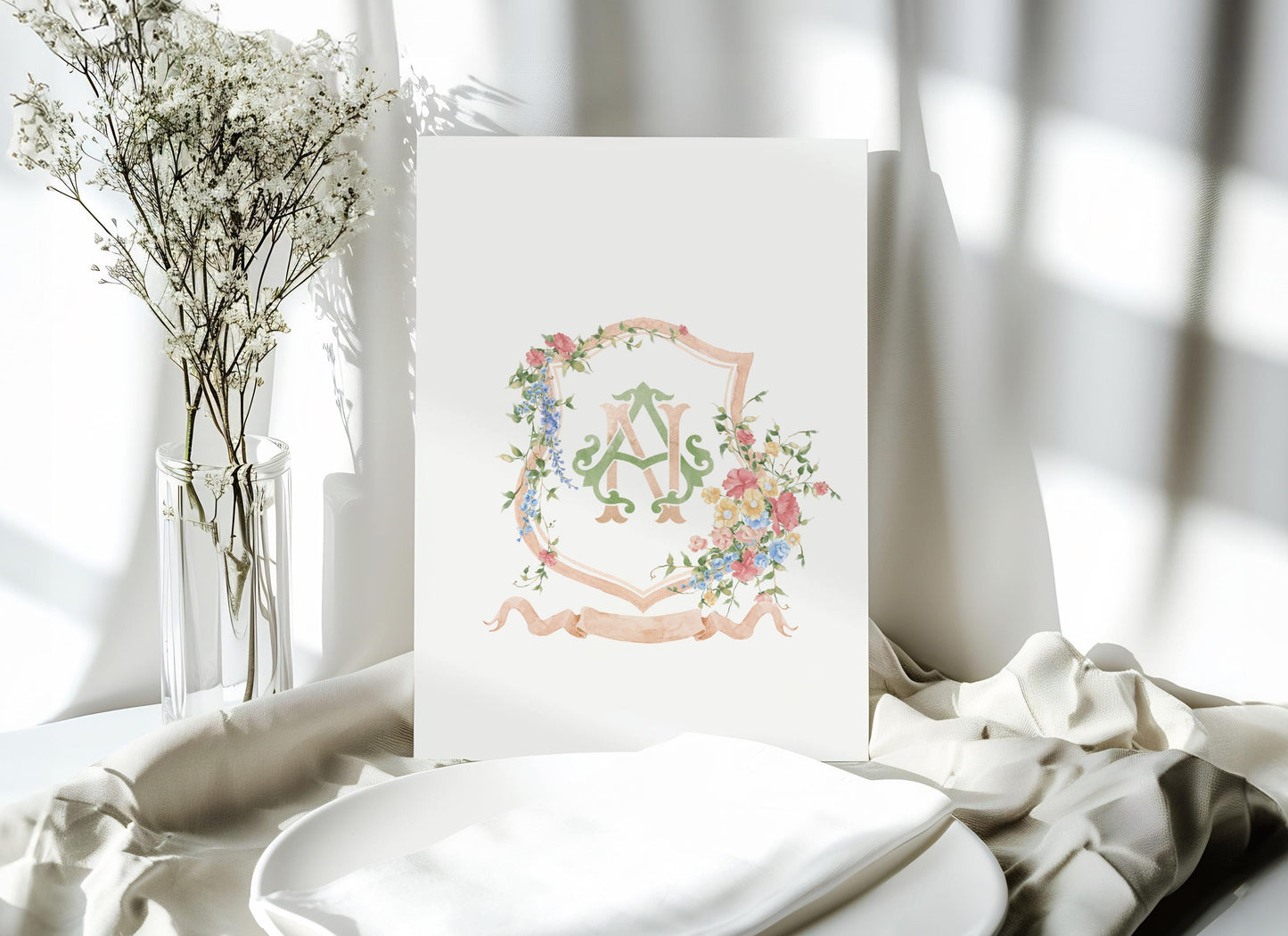 Wildflowers Pink Flower Garden Flowers Wedding Crest - Monogram Crest - Floral Luxury Watercolor Wedding Crest - Romantic Wedding Crest