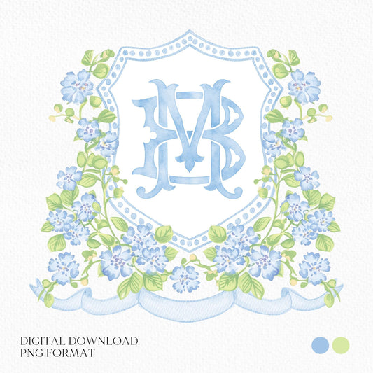 Watercolor Blue Flower Wedding Crest - Monogram Crest - Botanical Floral Blue Watercolor Wedding Crest - Vintage Green Floral Wedding Crest
