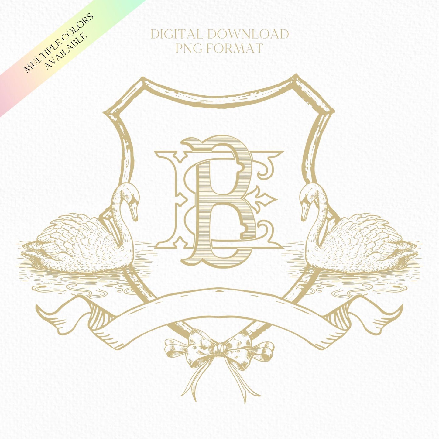 Vintage Swans Gold Wedding Crest Bow Crest - Monogram Crest - Bow Swans Luxury Line art Wedding Crest - Romantic Wedding Crest