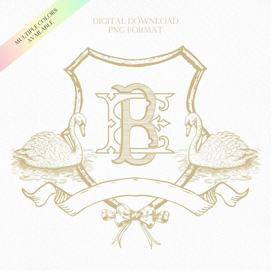 Vintage Swans Gold Wedding Crest Bow Crest - Monogram Crest - Bow Swans Luxury Line art Wedding Crest - Romantic Wedding Crest
