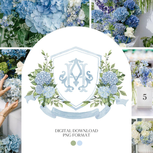 Blue Hydrangea Flower Wedding Crest - Monogram Crest - Hydrangea Floral Luxury Watercolor Wedding Crest - Romantic Wedding Crest