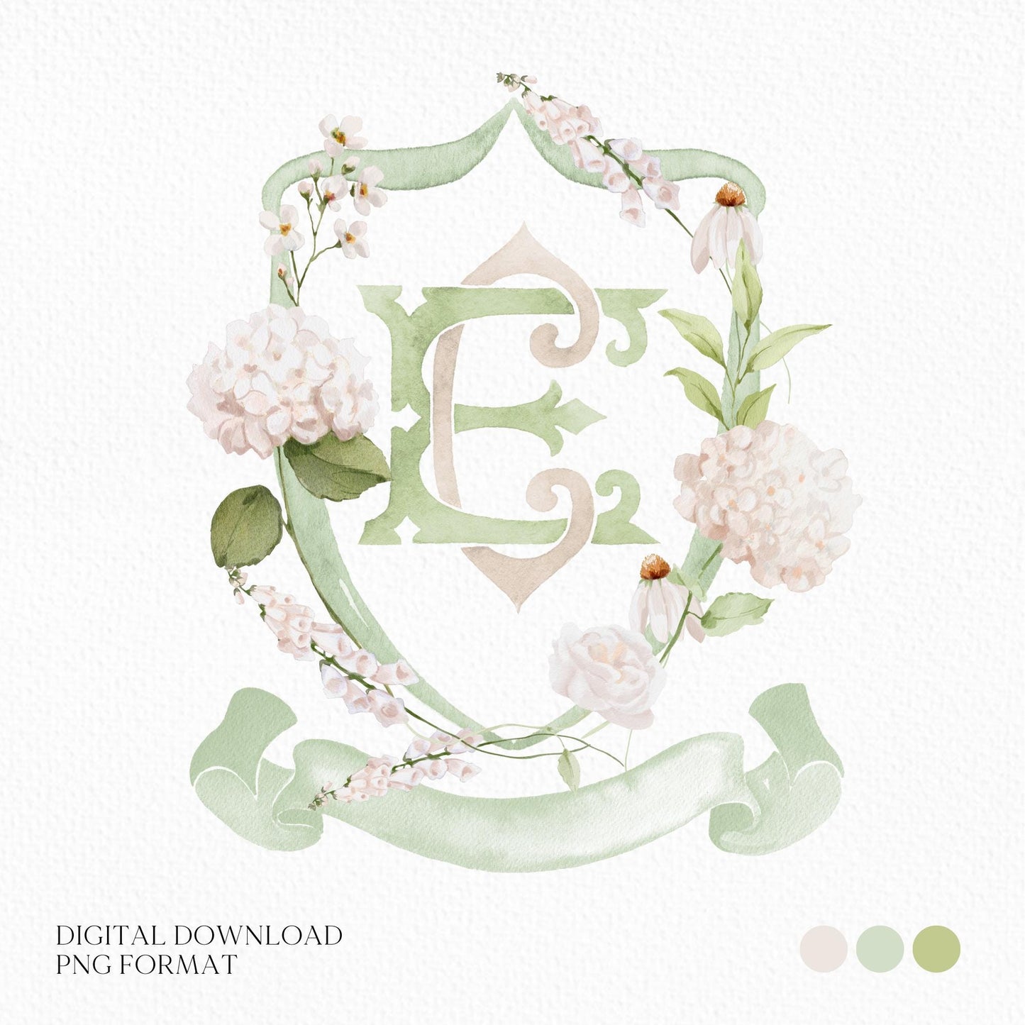 Hydrangea White Flower Wedding Crest - Monogram Crest - White Hydrangea Floral Luxury Watercolor Wedding Crest - Romantic Wedding Crest