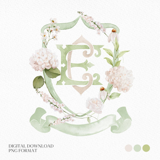 Hydrangea White Flower Wedding Crest - Monogram Crest - White Hydrangea Floral Luxury Watercolor Wedding Crest - Romantic Wedding Crest