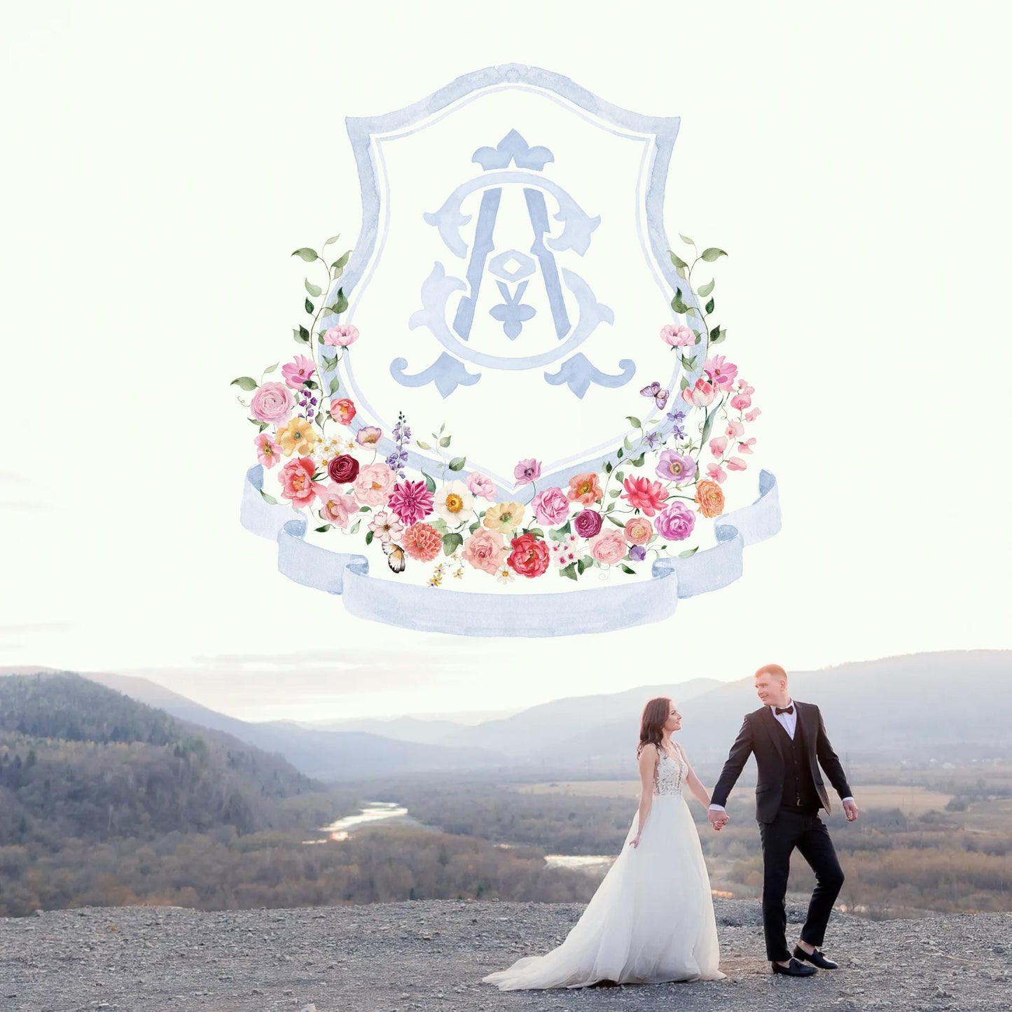 Wildflower Pink Flower Wedding Crest - Monogram Crest - Floral Luxury Watercolor Wedding Crest - Romantic Wedding Crest