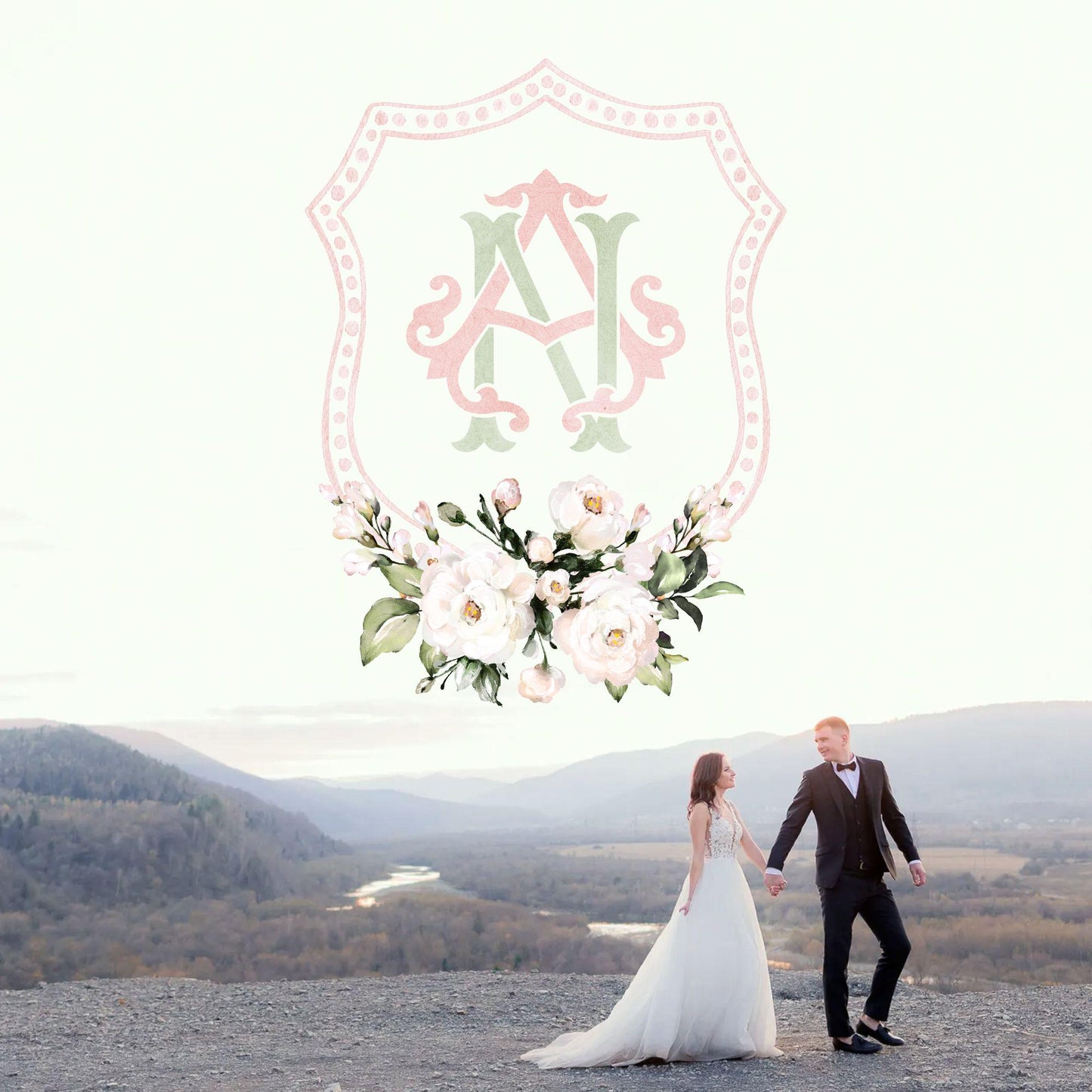 Blush Pink Floral Rustic Greenery Flower Wedding Crest - Monogram Crest - Floral Watercolor Wedding Crest - Romantic Wedding Crest