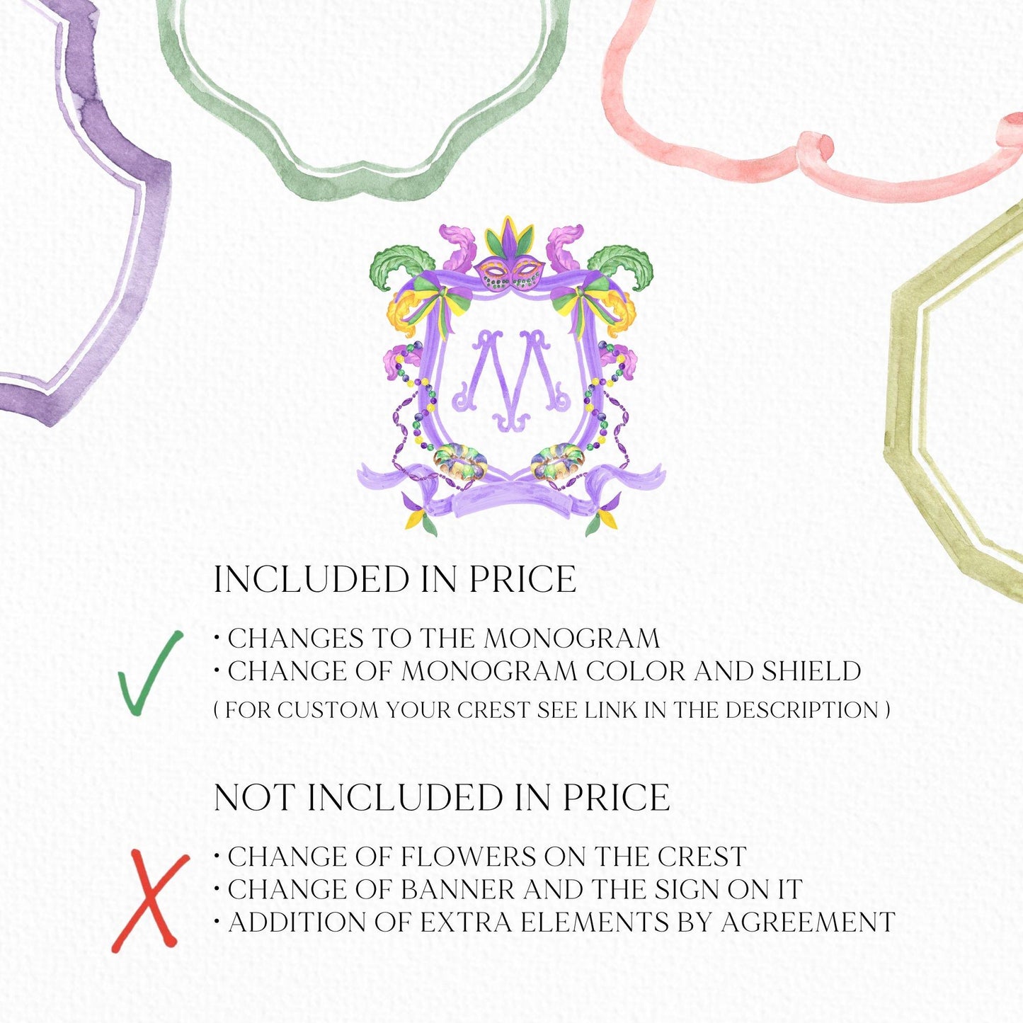 Mardi Gras New Orleans Crest Watercolor Wedding Crest - Monogram Crest - Mardi Gras Watercolor Wedding Crest Romantic Wedding Crest