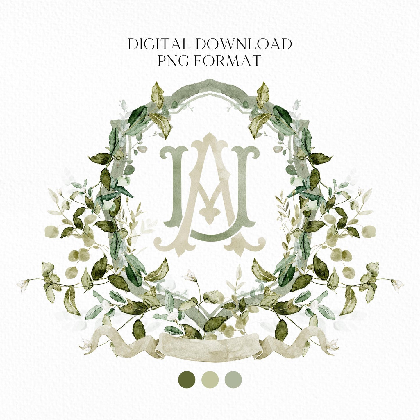 Greenery Green Leaves Flower Wedding Crest - Monogram Crest - Greenery Floral Luxury Watercolor Wedding Crest - Romantic Wedding Crest