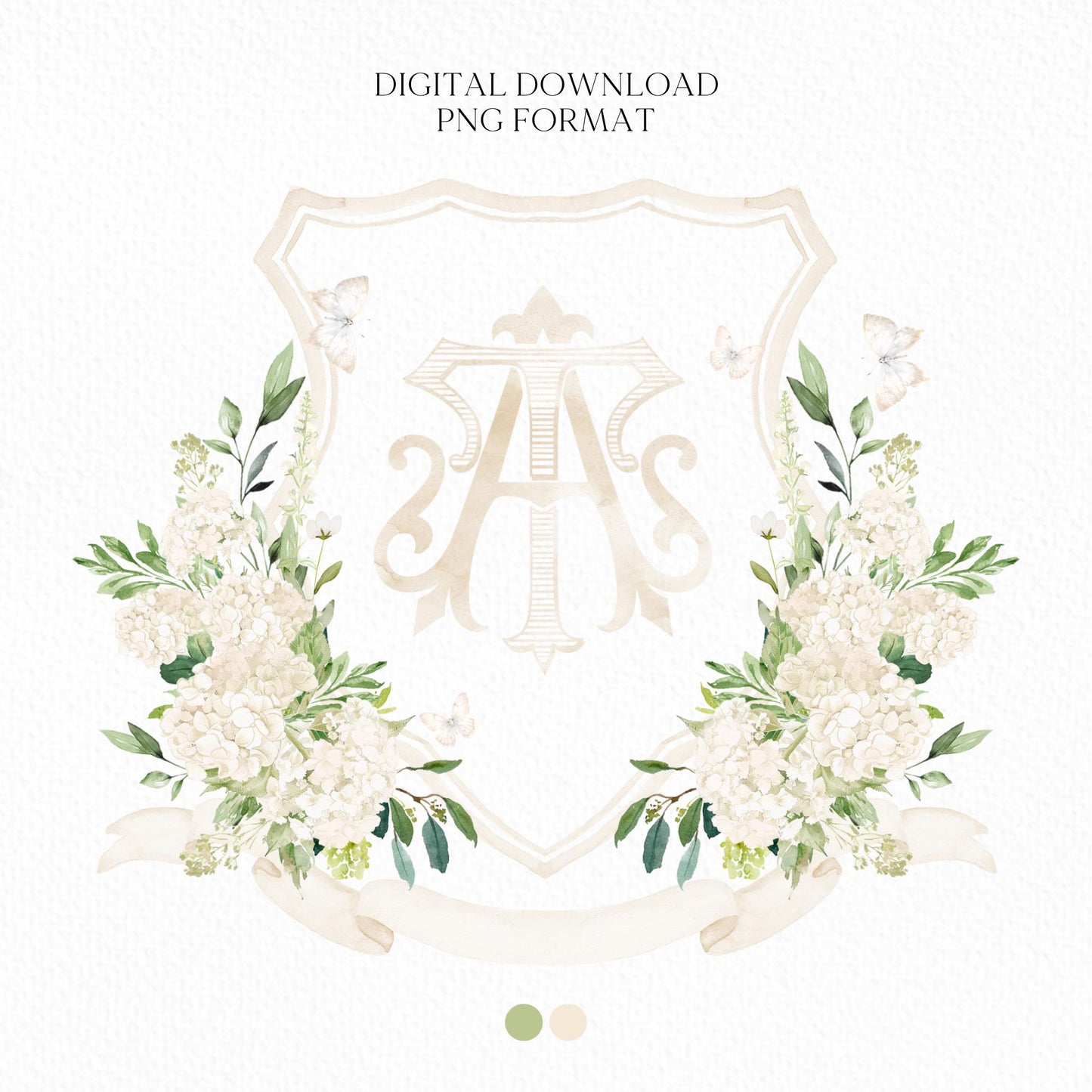 Hydrangea White Greenery Flower Wedding Crest - Monogram Crest - Hydrangea White Floral Watercolor Wedding Crest Romantic Wedding Crest