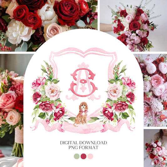 Burgundy Rose Flower Wedding Crest - Monogram Crest - Burgundy Floral Watercolor Wedding Crest - Romantic Wedding Crest- Boho Burgundy