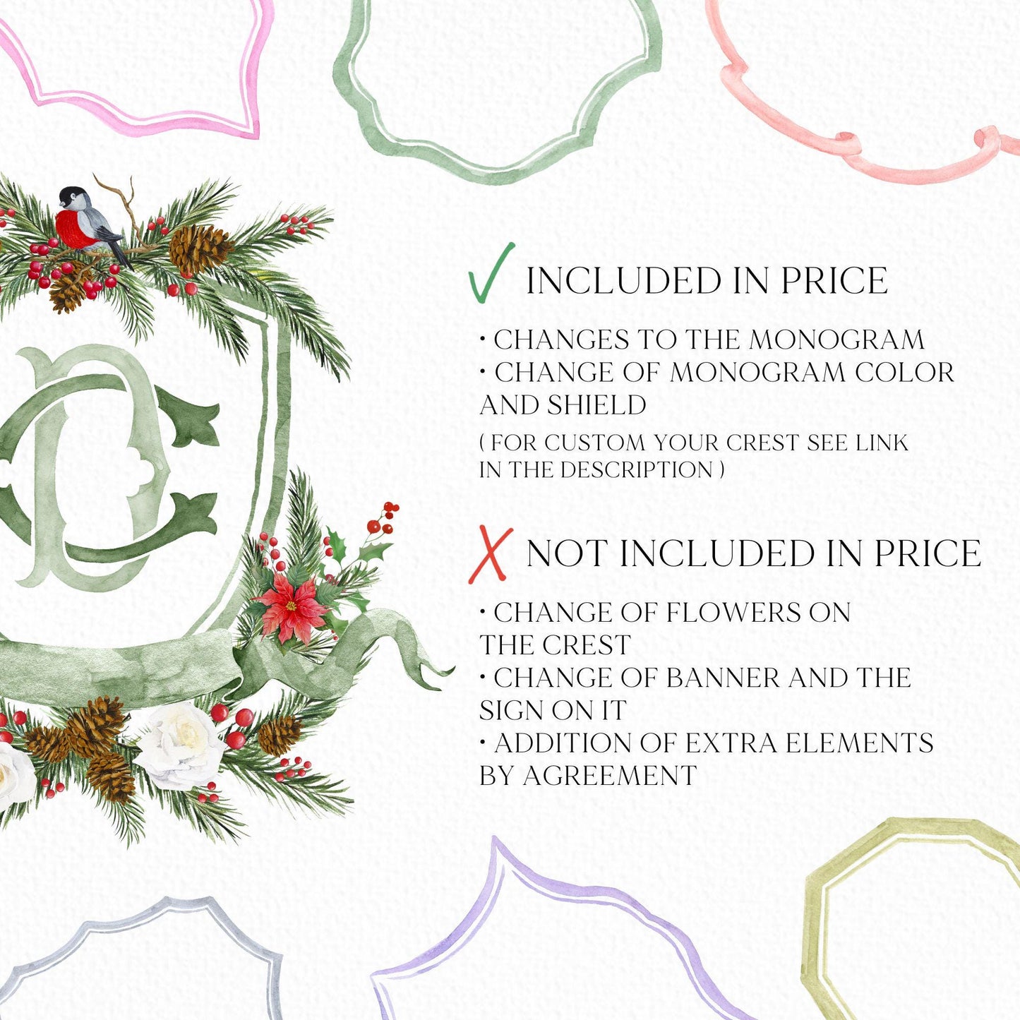 Custom Christmas Wedding Crest - Monogram Crest - Rose Hips Floral Watercolor Wedding Crest - Winter Christmas Wedding Crest - Winter Crest