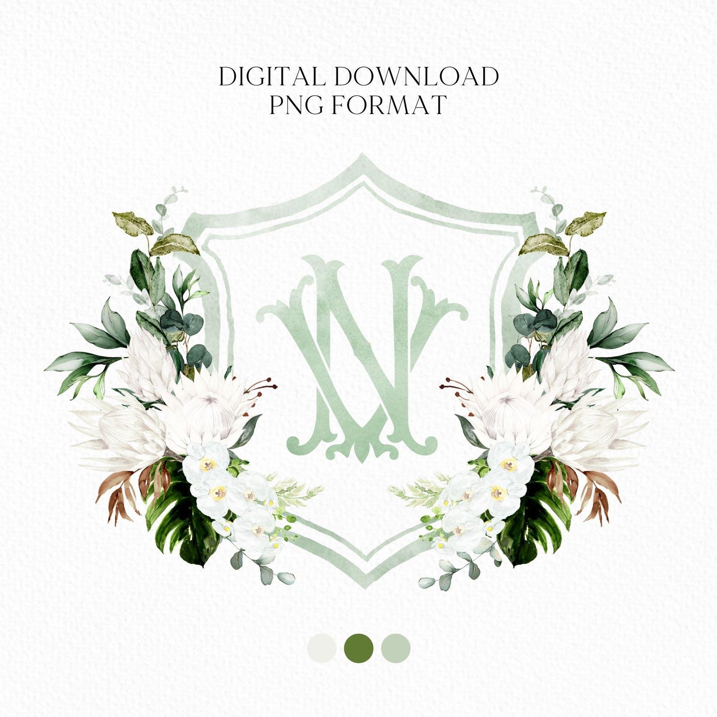 White Green Orchid Protea Tropical Flower Wedding Crest - Monogram Crest - Orchid Floral Watercolor Wedding Crest - Romantic Wedding Crest