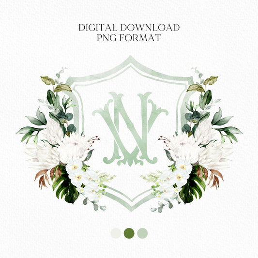 White Green Orchid Protea Tropical Flower Wedding Crest - Monogram Crest - Orchid Floral Watercolor Wedding Crest - Romantic Wedding Crest