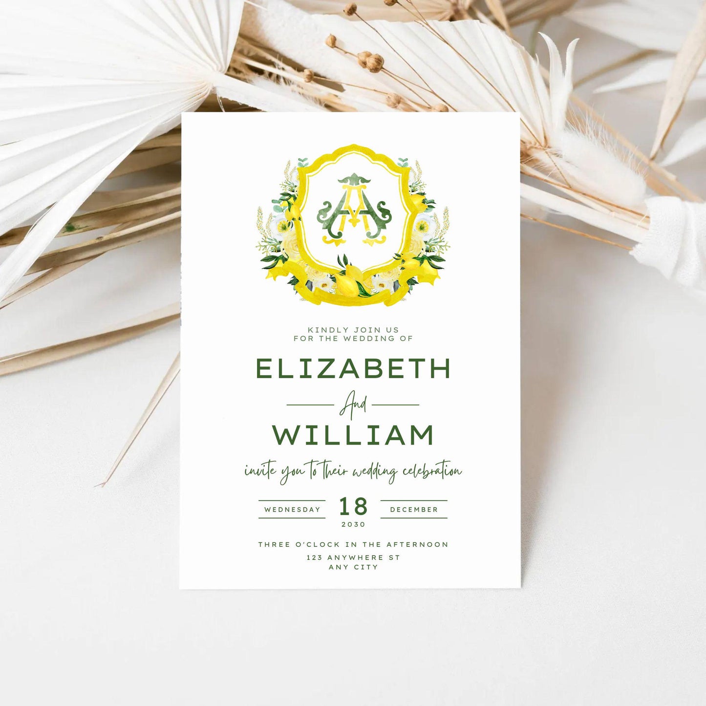 Yellow Floral Lemons Watercolor Wedding Crest - Monogram Crest - Floral Luxury Watercolor Wedding Crest - Romantic Wedding Crest