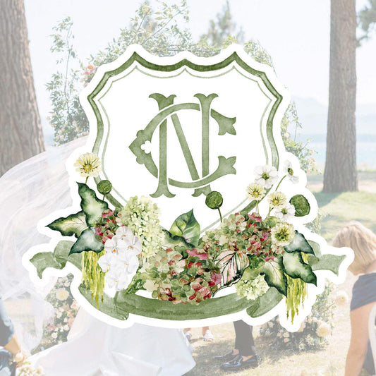 Green Hydrangea Flower Wedding Crest - Monogram Crest - Lush bright Greenery Floral Watercolor Wedding Crest - Australian Wedding Crest