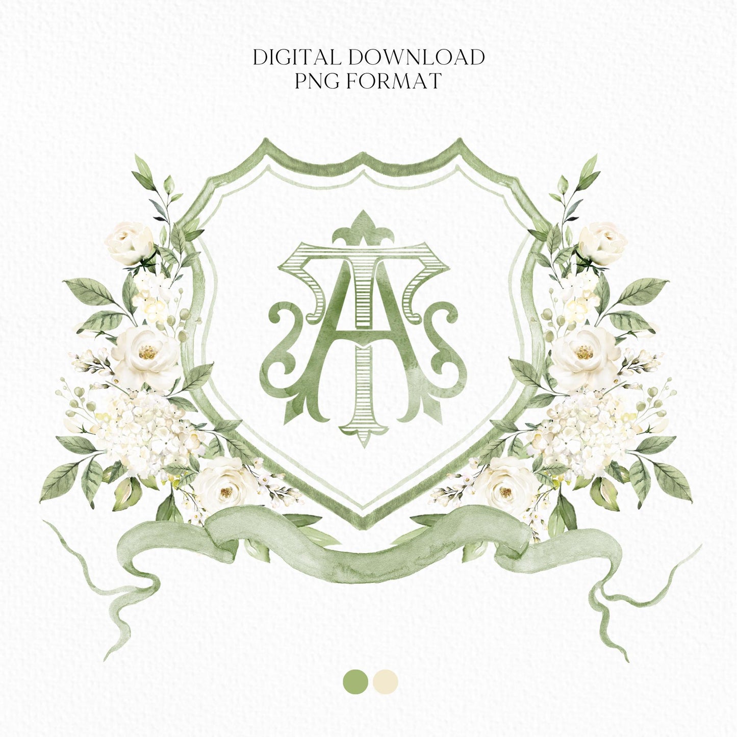 Hydrangea White Rose Greenery Flower Wedding Crest - Monogram Crest - Hydrangea White Floral Watercolor Wedding Crest Romantic Wedding Crest