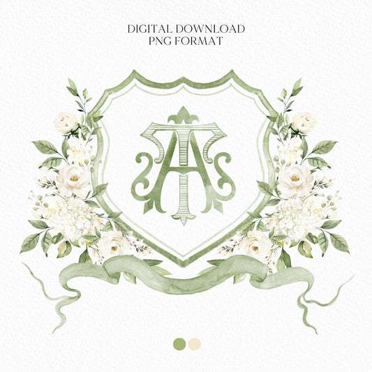 Hydrangea White Rose Greenery Flower Wedding Crest - Monogram Crest - Hydrangea White Floral Watercolor Wedding Crest Romantic Wedding Crest