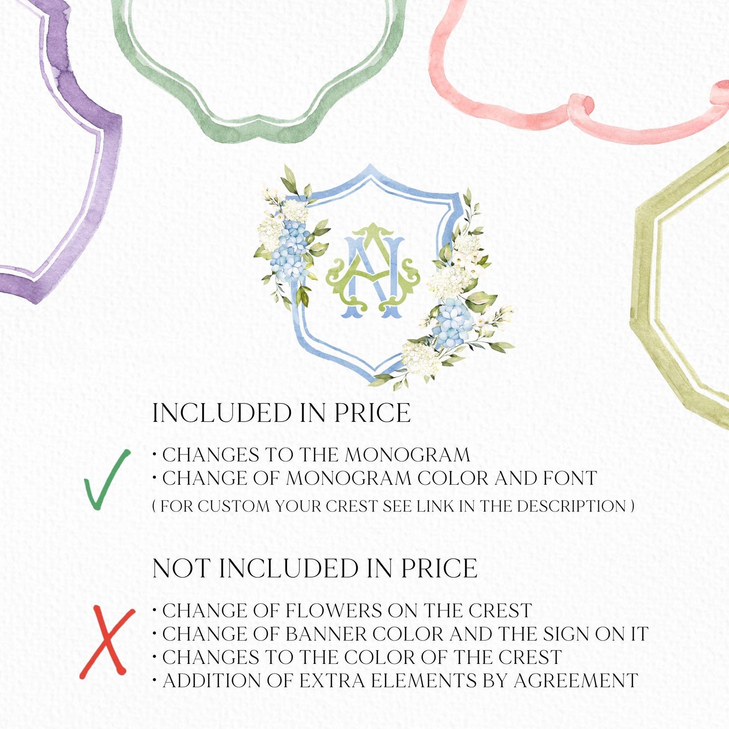 Hydrangea Flower Wedding Crest - Monogram Crest - Hydrangea Floral Luxury Watercolor Wedding Crest - Romantic Wedding Crest- Boho Hydrangea