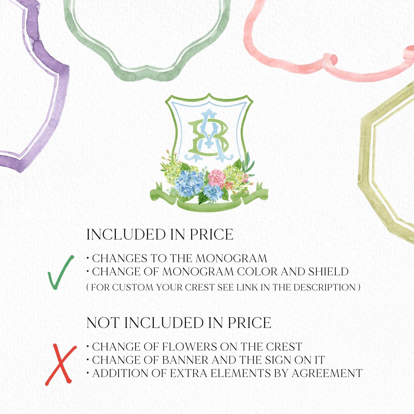 Hydrangea Blue Pink Wedding Crest - Monogram Crest - Hydrangea Green Floral Luxury Watercolor Wedding Crest - Romantic Wedding Crest