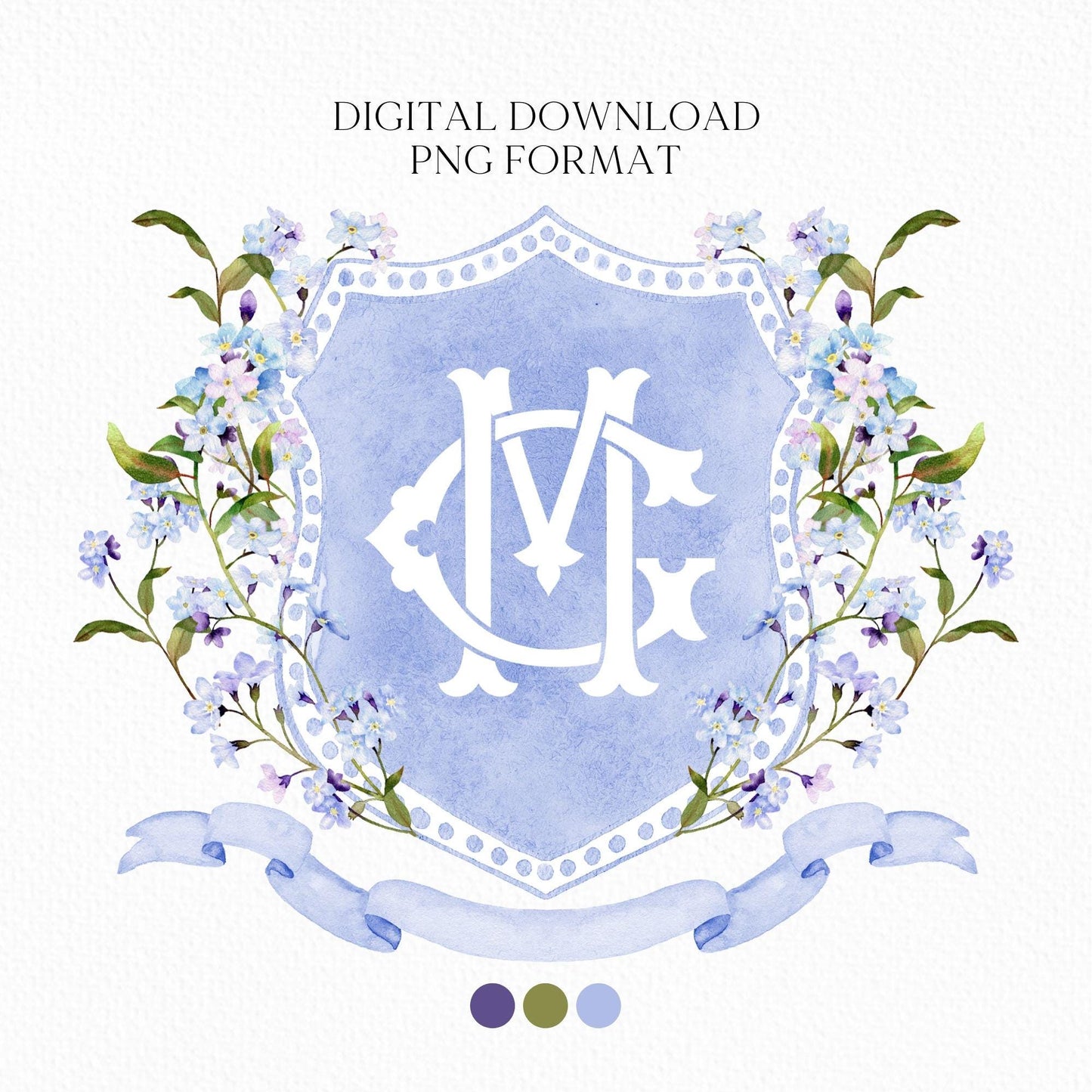 Wildflower Blue Spring Flower Wedding Crest - Monogram Crest - Wildflower bohemian Floral Watercolor Wedding Crest - Romantic Wedding Crest